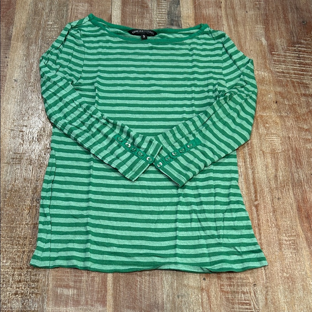 Vintage Great Plains Green Striped Long-Boatneck Tee with Buttoned 3/4 Sleeves